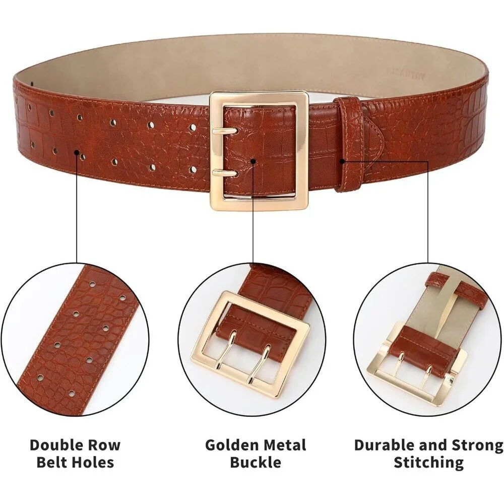 🆕 Women Leather Wide Fashion Thick Dress Belt With Gold Buckle Belt Brown Gold